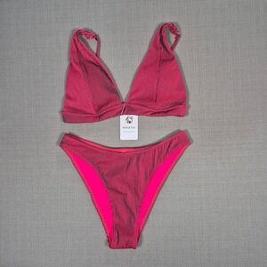 Miketai Womens Pink Black Striped Ribbed V Neck‎ Bikini Set Size M New